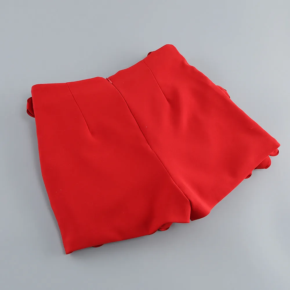 3D FLOWER  EMBELLISHED SKIRT IN RED