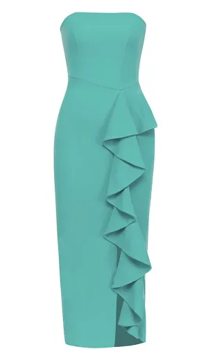 BANDEAU RUFFLES MIDI DRESS IN GREEN