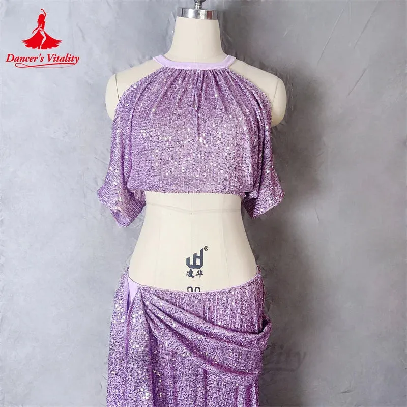 Belly Dance Competiton Costume Set for Women Sequin Top split Long Skirt 2pcs Practice Suit Custom Adult Child Oriental Outfit