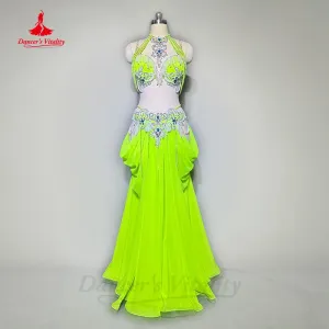 Belly Dance Performance Costume Suit for Women Cusotmsized AB Stones Perles Bra long Skirt 2pcs Girl Oriental Stage Wear Outfit