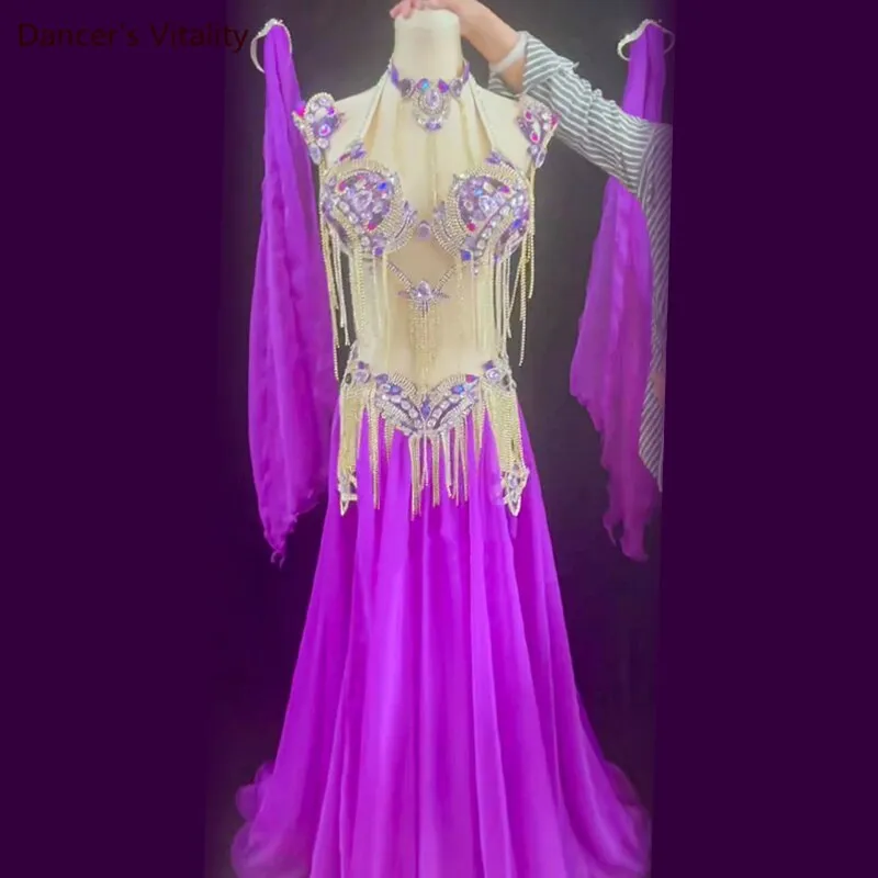 Belly Dance Performance Costumes Set Stones Bra belt skirt arms necklace 5pcs Oriental Dance Clothing Belly Dancing Outfit Wear