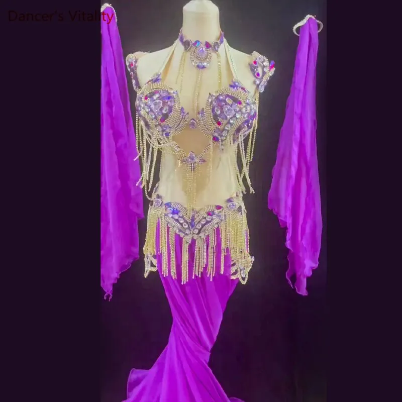 Belly Dance Performance Costumes Set Stones Bra belt skirt arms necklace 5pcs Oriental Dance Clothing Belly Dancing Outfit Wear