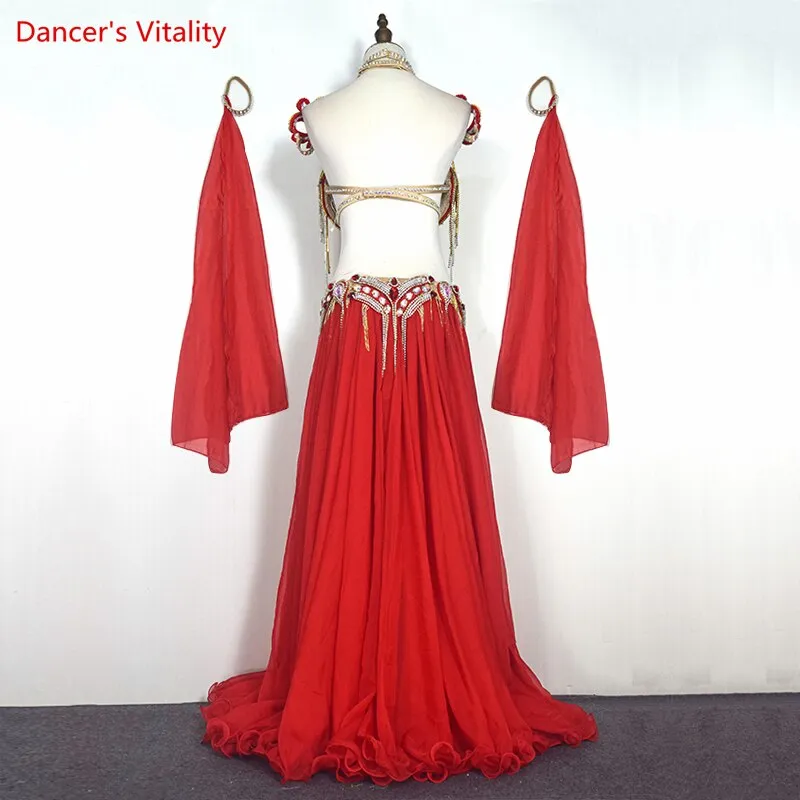 Belly Dance Performance Costumes Set Stones Bra belt skirt arms necklace 5pcs Oriental Dance Clothing Belly Dancing Outfit Wear
