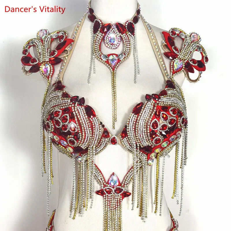 Belly Dance Performance Costumes Set Stones Bra belt skirt arms necklace 5pcs Oriental Dance Clothing Belly Dancing Outfit Wear