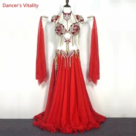 Belly Dance Performance Costumes Set Stones Bra belt skirt arms necklace 5pcs Oriental Dance Clothing Belly Dancing Outfit Wear