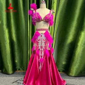Bellydance Set Customized Feather AB Stones Bra senior Satin Tassel Long Skirt  Adult Children Oriental Dance Performance Suit