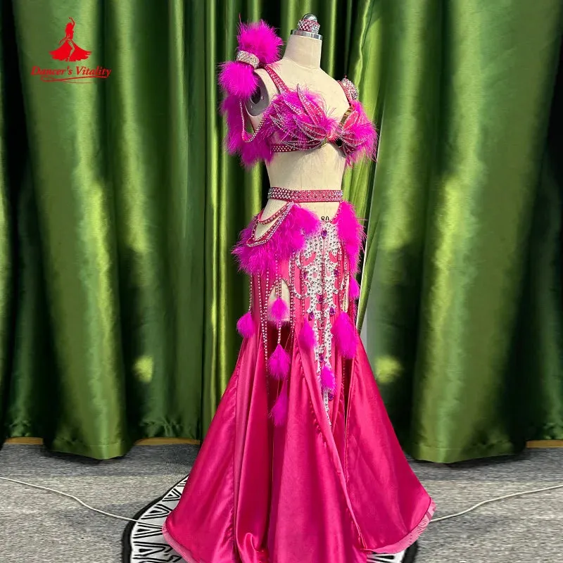 Bellydance Set Customized Feather AB Stones Bra senior Satin Tassel Long Skirt  Adult Children Oriental Dance Performance Suit