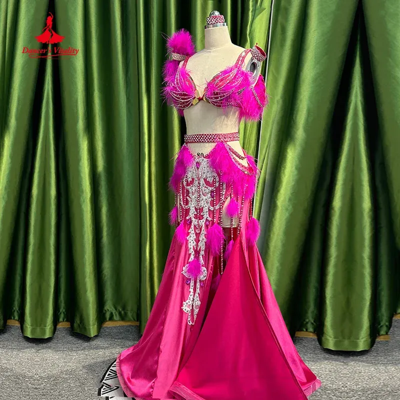 Bellydance Set Customized Feather AB Stones Bra senior Satin Tassel Long Skirt  Adult Children Oriental Dance Performance Suit