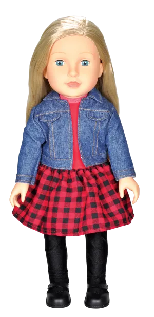 Beverly Hills 18" Doll with Blonde Hair, Dressed in a Red Dress and Denim Jacket