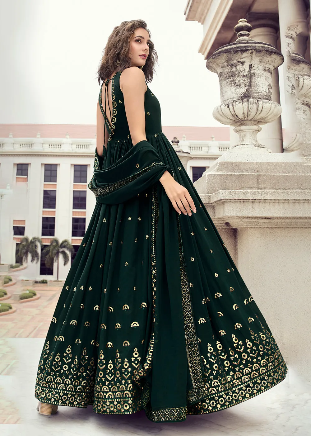 Bottle Green Georgette Thread & Sequins Wedding Party Gown