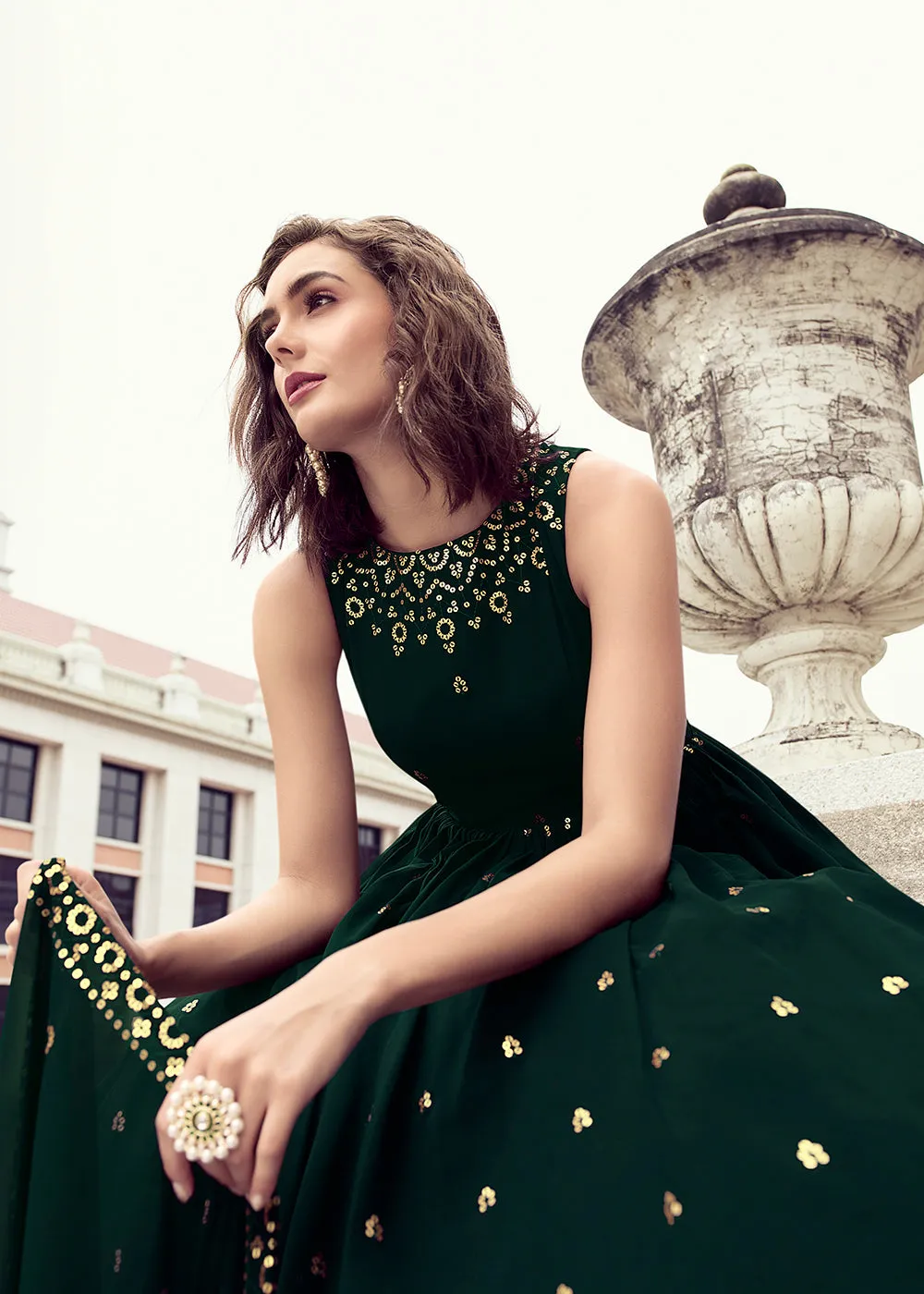 Bottle Green Georgette Thread & Sequins Wedding Party Gown