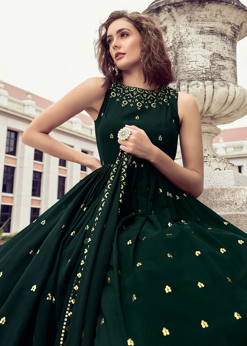 Bottle Green Georgette Thread & Sequins Wedding Party Gown