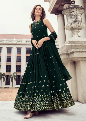 Bottle Green Georgette Thread & Sequins Wedding Party Gown
