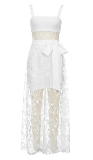 BOW-EMBELLISHED LACE MIDI DRESS IN WHITE