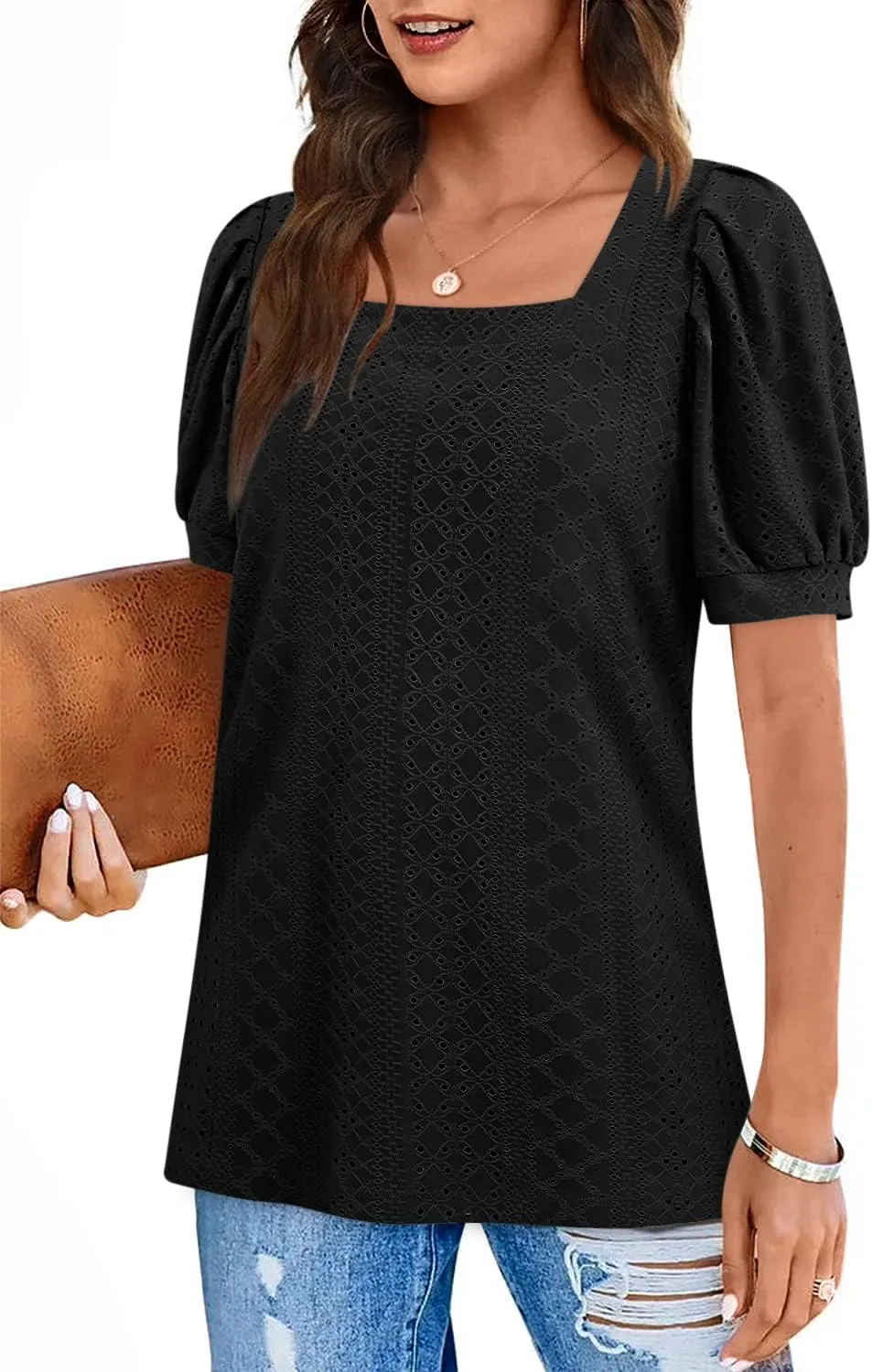 BZB Womens Summer Tops 2025 Square Neck Short Sleeve Tunic Tops Eyelet T-Shirts S-2XL
