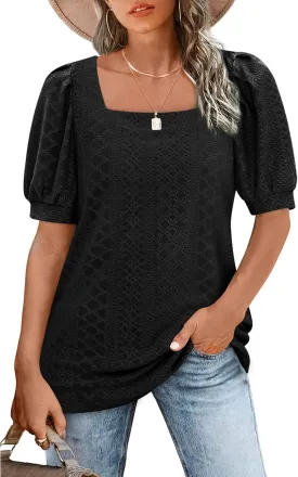 BZB Womens Summer Tops 2025 Square Neck Short Sleeve Tunic Tops Eyelet T-Shirts S-2XL