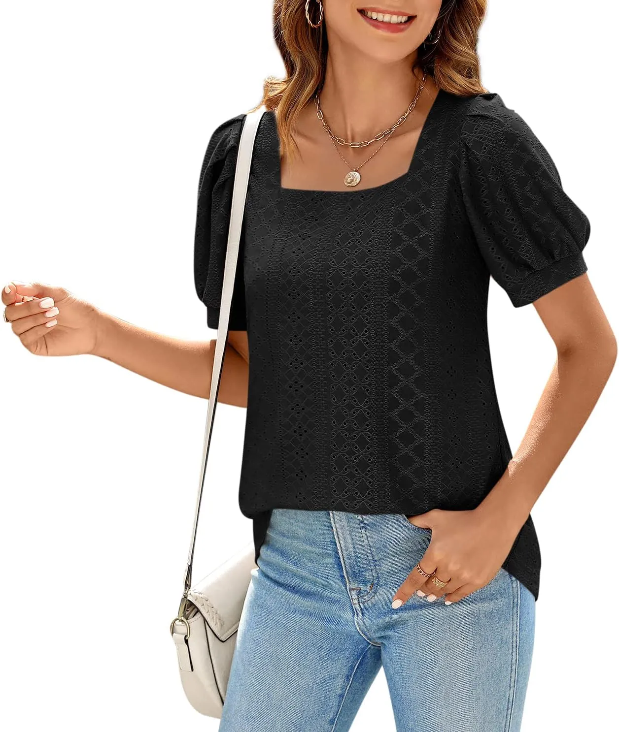 BZB Womens Summer Tops 2025 Square Neck Short Sleeve Tunic Tops Eyelet T-Shirts S-2XL
