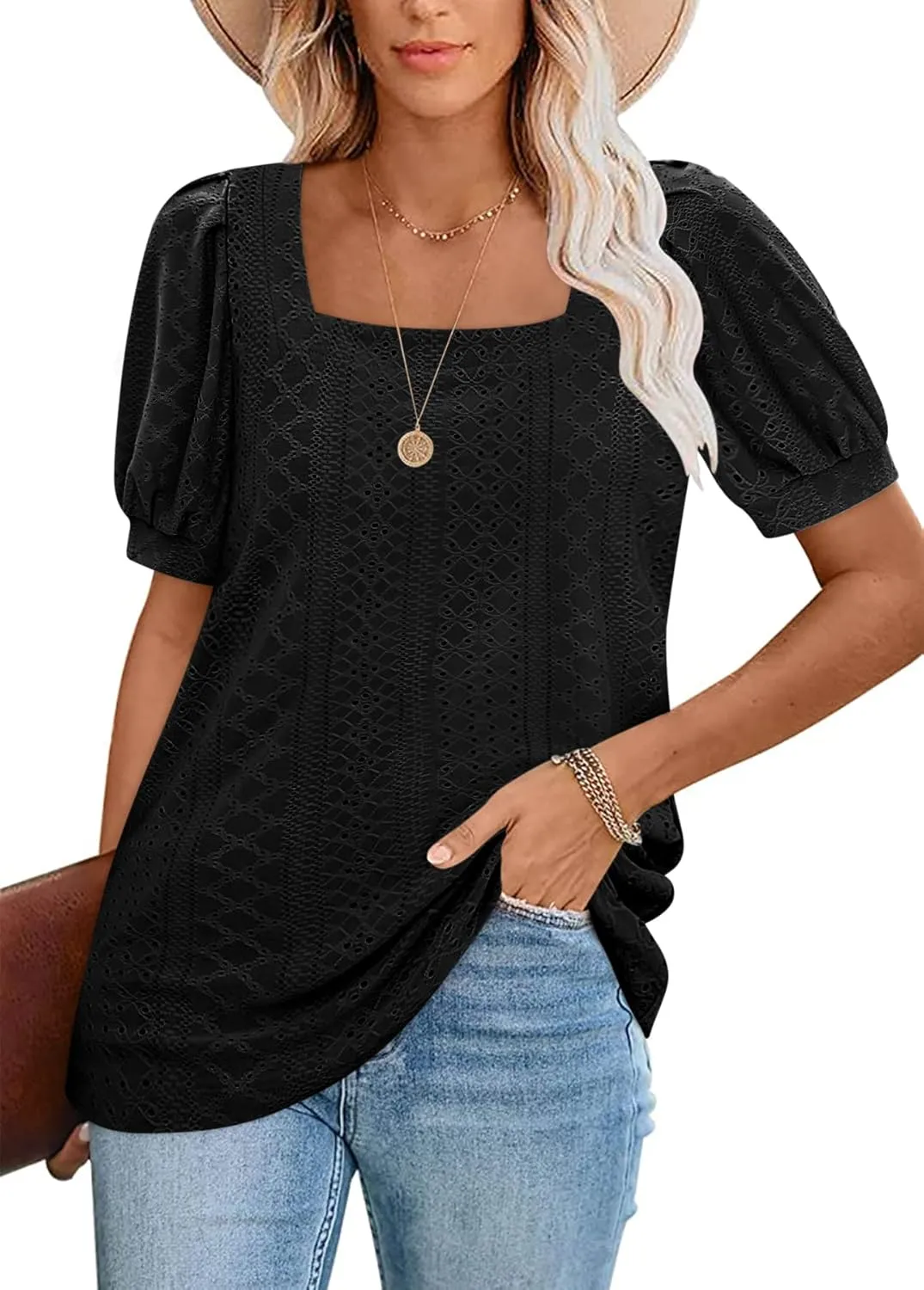 BZB Womens Summer Tops 2025 Square Neck Short Sleeve Tunic Tops Eyelet T-Shirts S-2XL