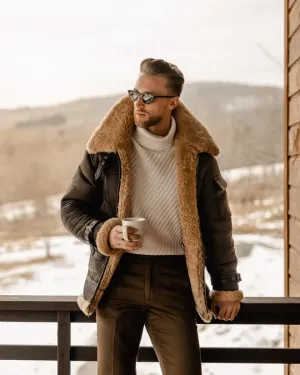 Classic Aviator Men's Brown B3 Flying Shearling Leather Long Jacket Coat