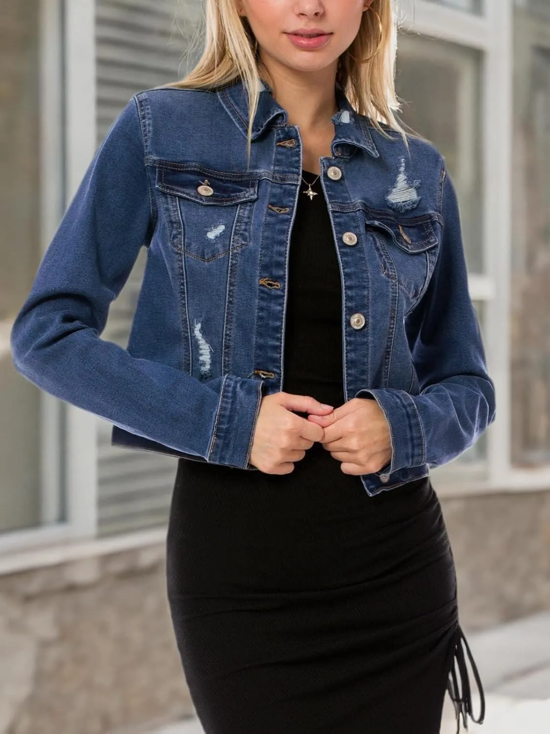 Design by Olivia Women's Classic/Destroyed Vintage Washed Long Sleeve Denim Jean Jacket