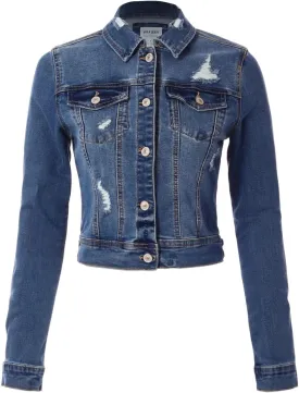 Design by Olivia Women's Classic/Destroyed Vintage Washed Long Sleeve Denim Jean Jacket