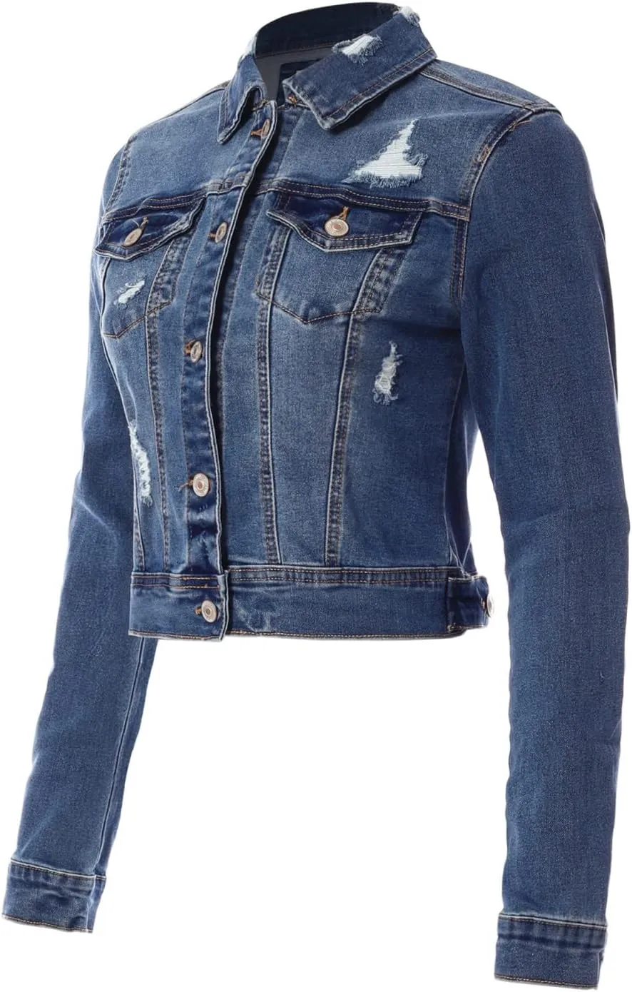 Design by Olivia Women's Classic/Destroyed Vintage Washed Long Sleeve Denim Jean Jacket
