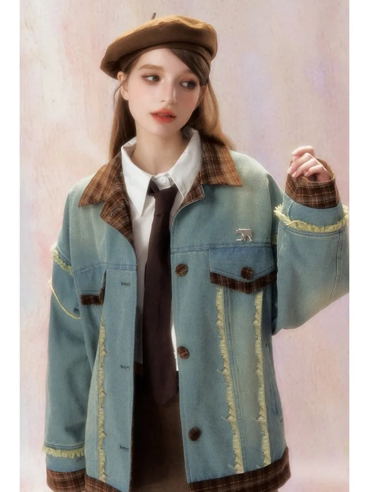 Floral Splicing Washed Draw Edge Denim Jacket【s0000006468】