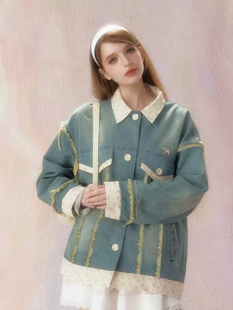 Floral Splicing Washed Draw Edge Denim Jacket【s0000006468】