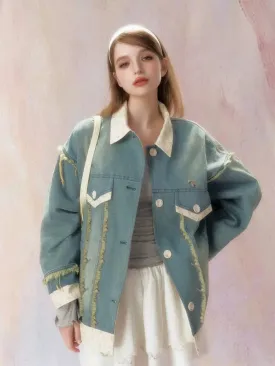 Floral Splicing Washed Draw Edge Denim Jacket【s0000006468】