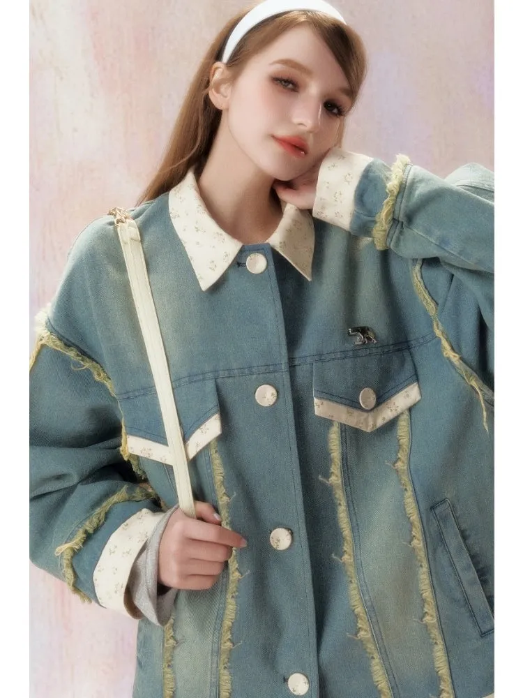 Floral Splicing Washed Draw Edge Denim Jacket【s0000006468】