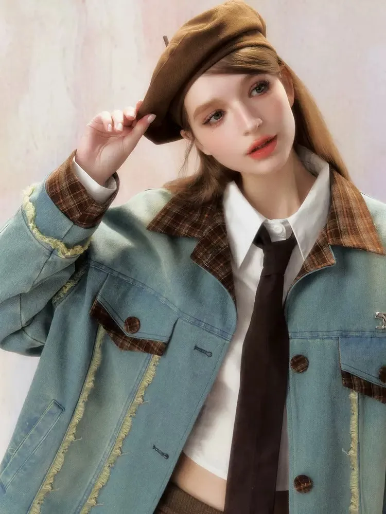 Floral Splicing Washed Draw Edge Denim Jacket【s0000006468】