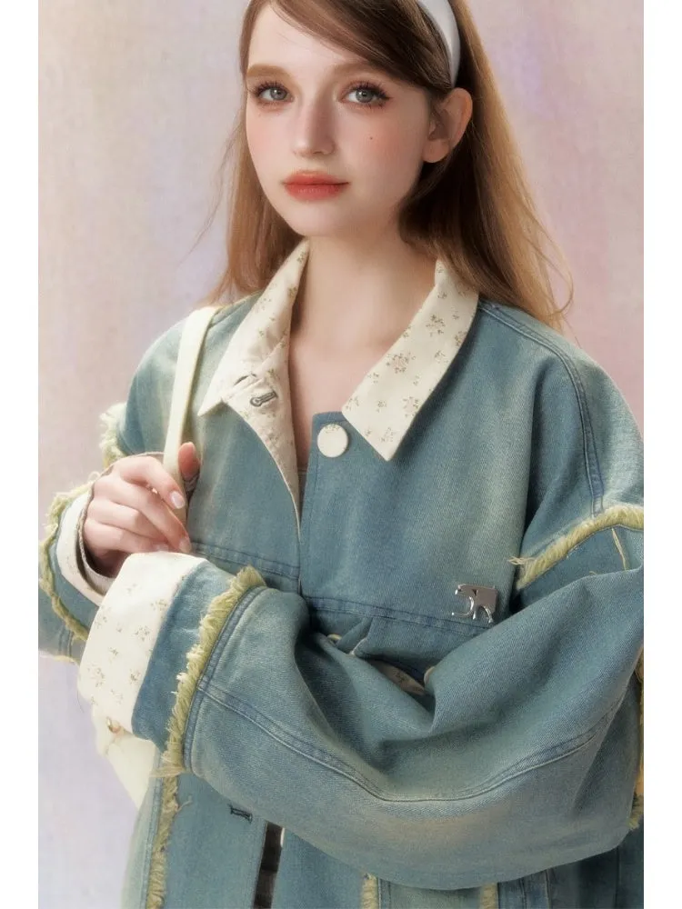 Floral Splicing Washed Draw Edge Denim Jacket【s0000006468】