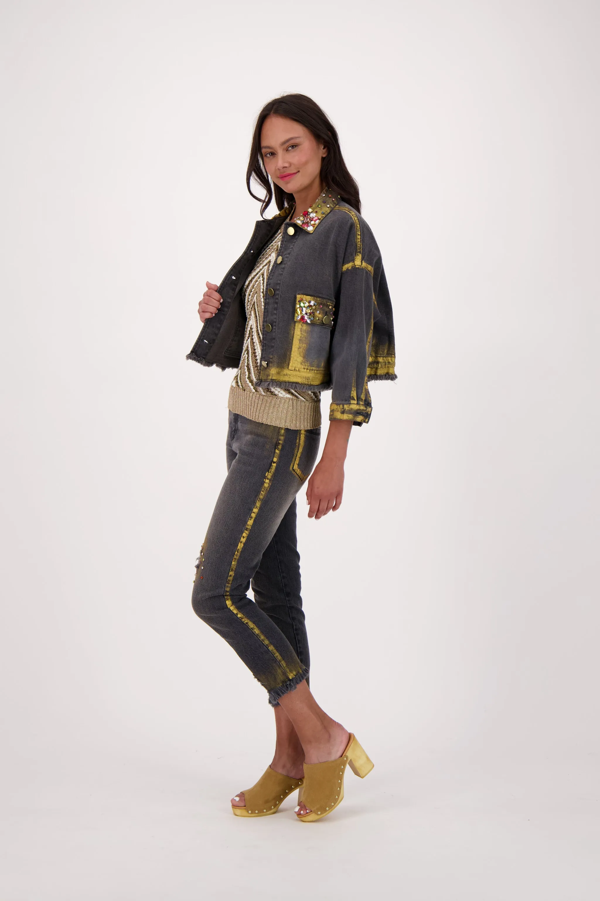 Gold Washed Denim Jacket With Rhinestone Embroidery