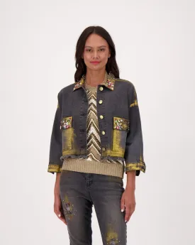 Gold Washed Denim Jacket With Rhinestone Embroidery