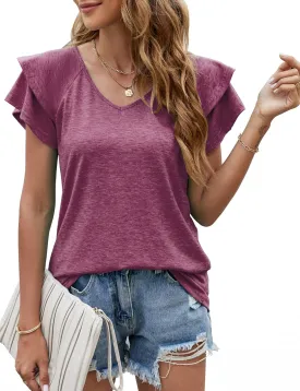 GZ-LAOPAITOU Ruffle Sleeve Tops for Women Cotton Short Sleeve Shirts V Neck Blouses Casual T Shirts