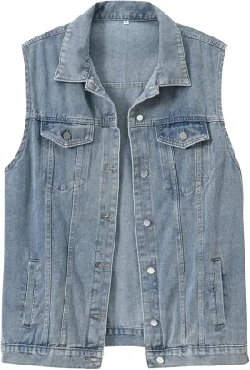 HALITOSS Women Button Down Mid Long Denim Jean Vest Waistcoat Sleeveless Jacket