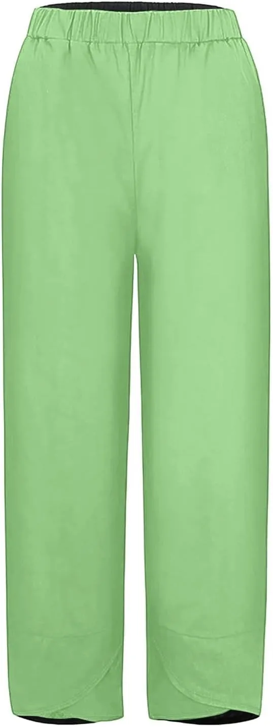Hiking Pants Women 2025 Summer Cotton Linen Elastic Wiast Palazzo Trousers Stretch Loose Work Casual Pant with Pocket