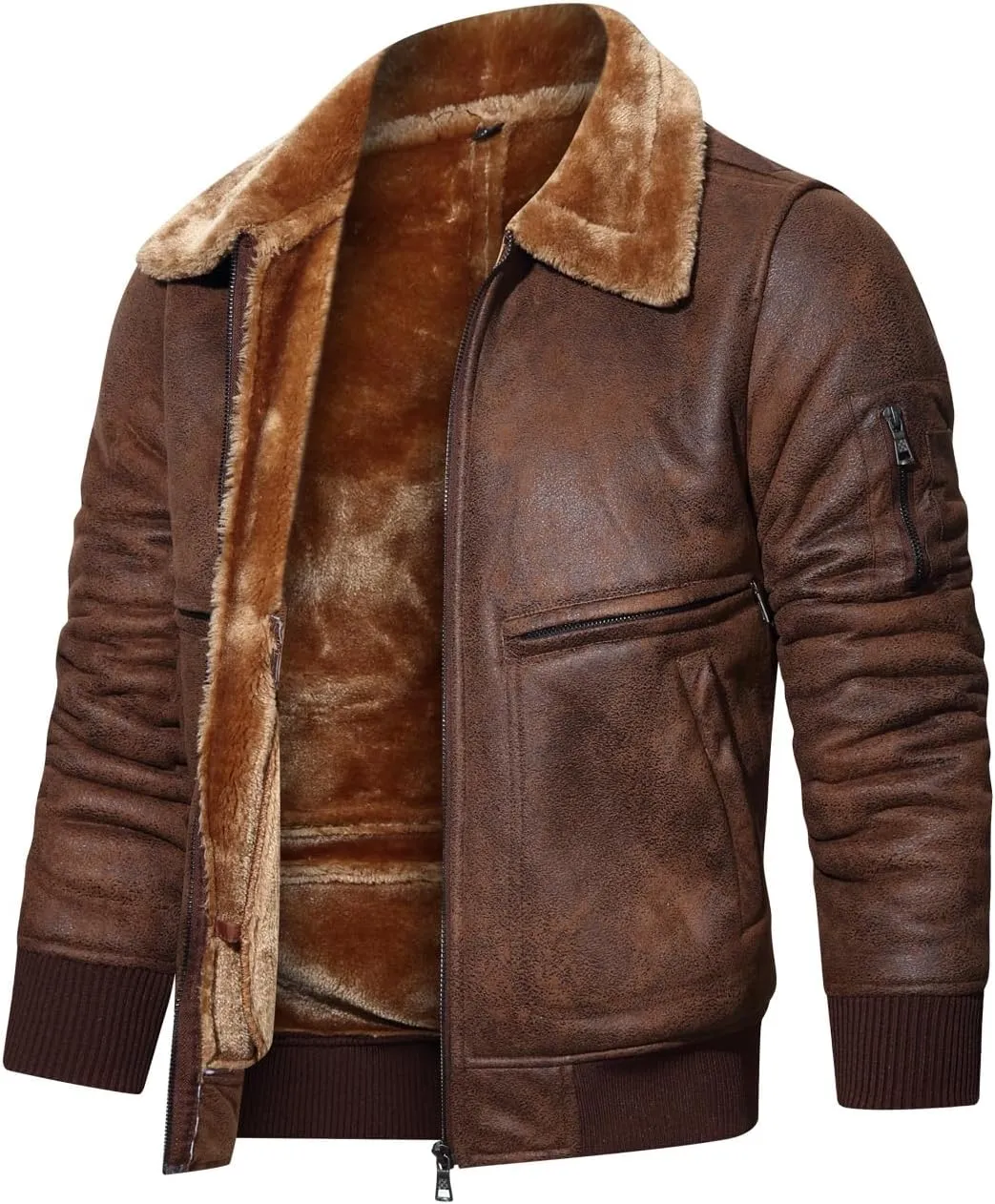 HOOD CREW Mens Faux Fur Leather Jacket Autumn Winter Fleece Lined Coat Vintage Bomber Jacket