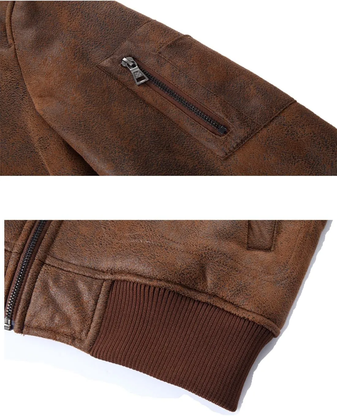 HOOD CREW Mens Faux Fur Leather Jacket Autumn Winter Fleece Lined Coat Vintage Bomber Jacket