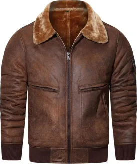 HOOD CREW Mens Faux Fur Leather Jacket Autumn Winter Fleece Lined Coat Vintage Bomber Jacket