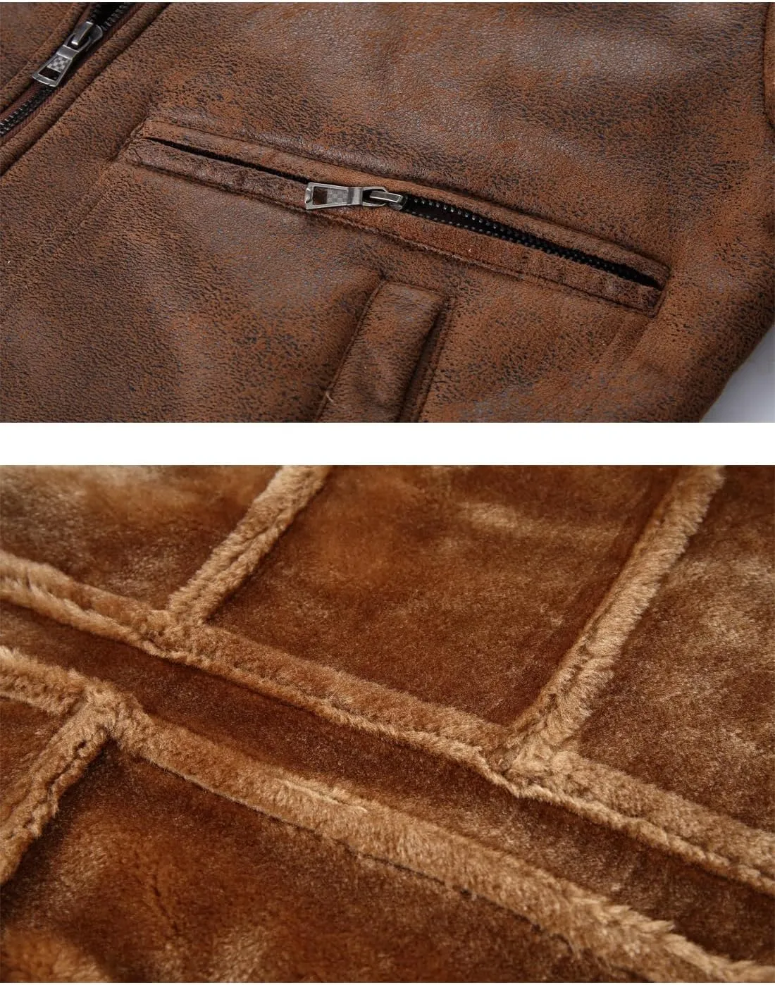 HOOD CREW Mens Faux Fur Leather Jacket Autumn Winter Fleece Lined Coat Vintage Bomber Jacket