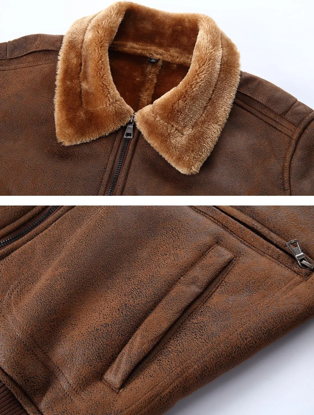 HOOD CREW Mens Faux Fur Leather Jacket Autumn Winter Fleece Lined Coat Vintage Bomber Jacket