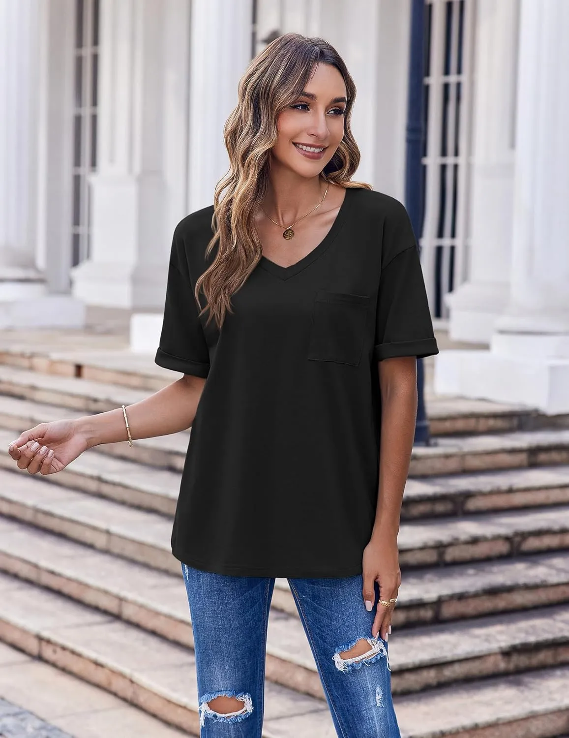 HOTOUCH Women Oversized T Shirts V Neck Short Sleeve Tees Casual Loose Tunic Summer Tops with Pocket