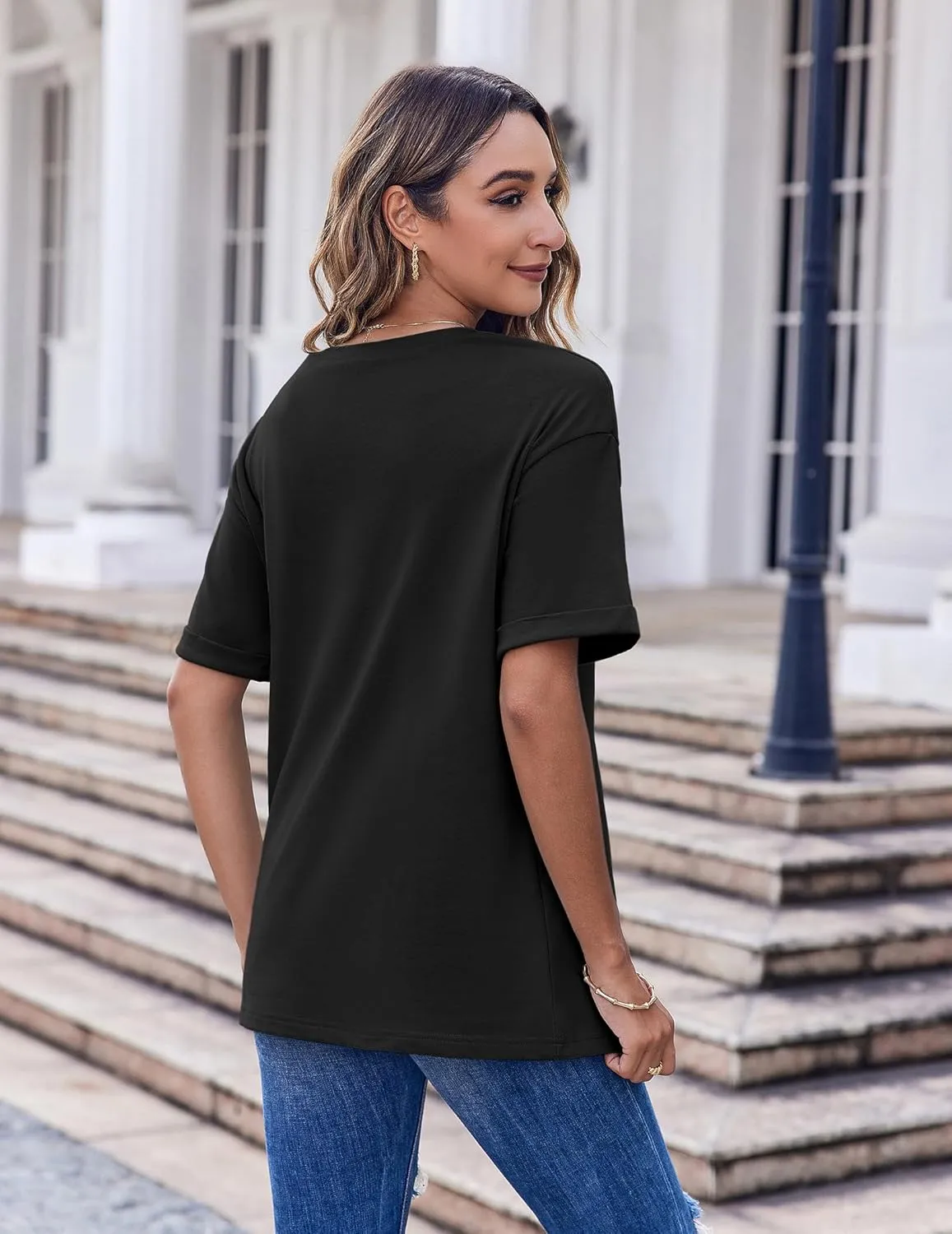 HOTOUCH Women Oversized T Shirts V Neck Short Sleeve Tees Casual Loose Tunic Summer Tops with Pocket