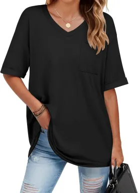 HOTOUCH Women Oversized T Shirts V Neck Short Sleeve Tees Casual Loose Tunic Summer Tops with Pocket