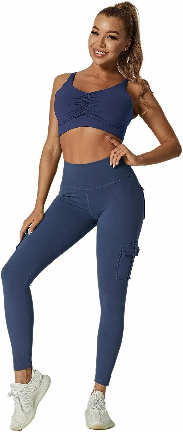 JEGGE High Waist Yoga Leggings with 4 Pockets,Tummy Control Workout Running 4 Way Stretch Cargo Pocket Leggings