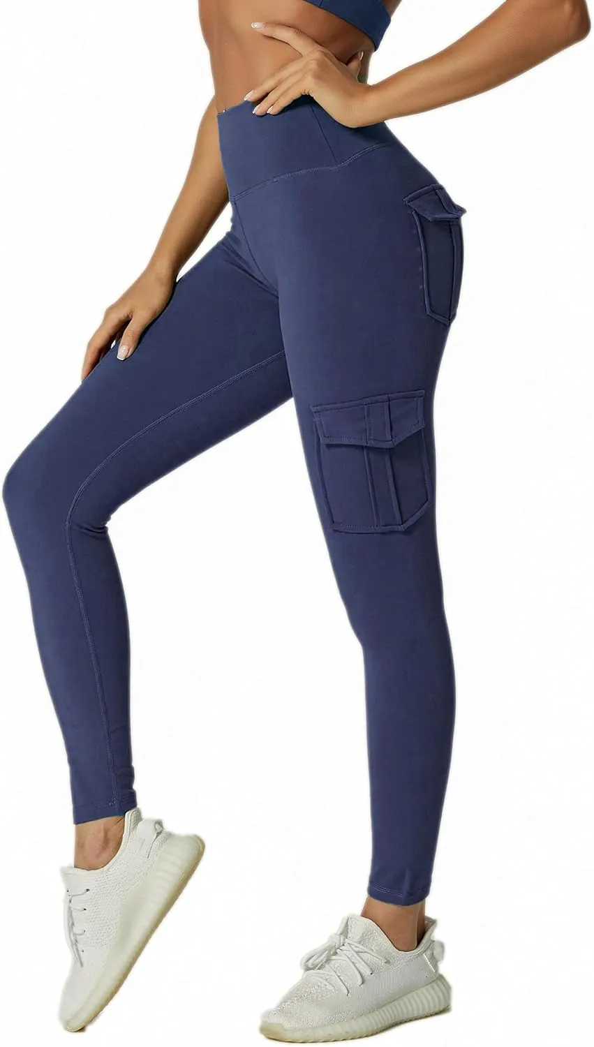 JEGGE High Waist Yoga Leggings with 4 Pockets,Tummy Control Workout Running 4 Way Stretch Cargo Pocket Leggings
