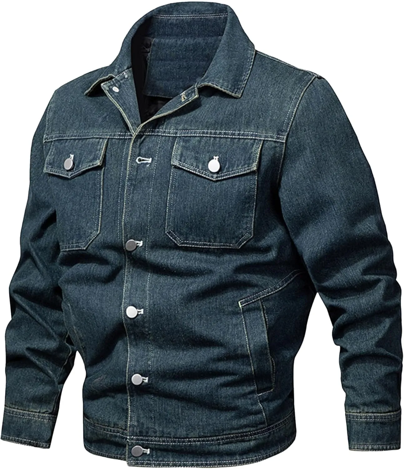 JEKE-DG Men's Casual Comfort Cargo Jean Jacket Lined Fashion Trucker Denim Jackets Fashion Washed Regular Fit Jean Coat