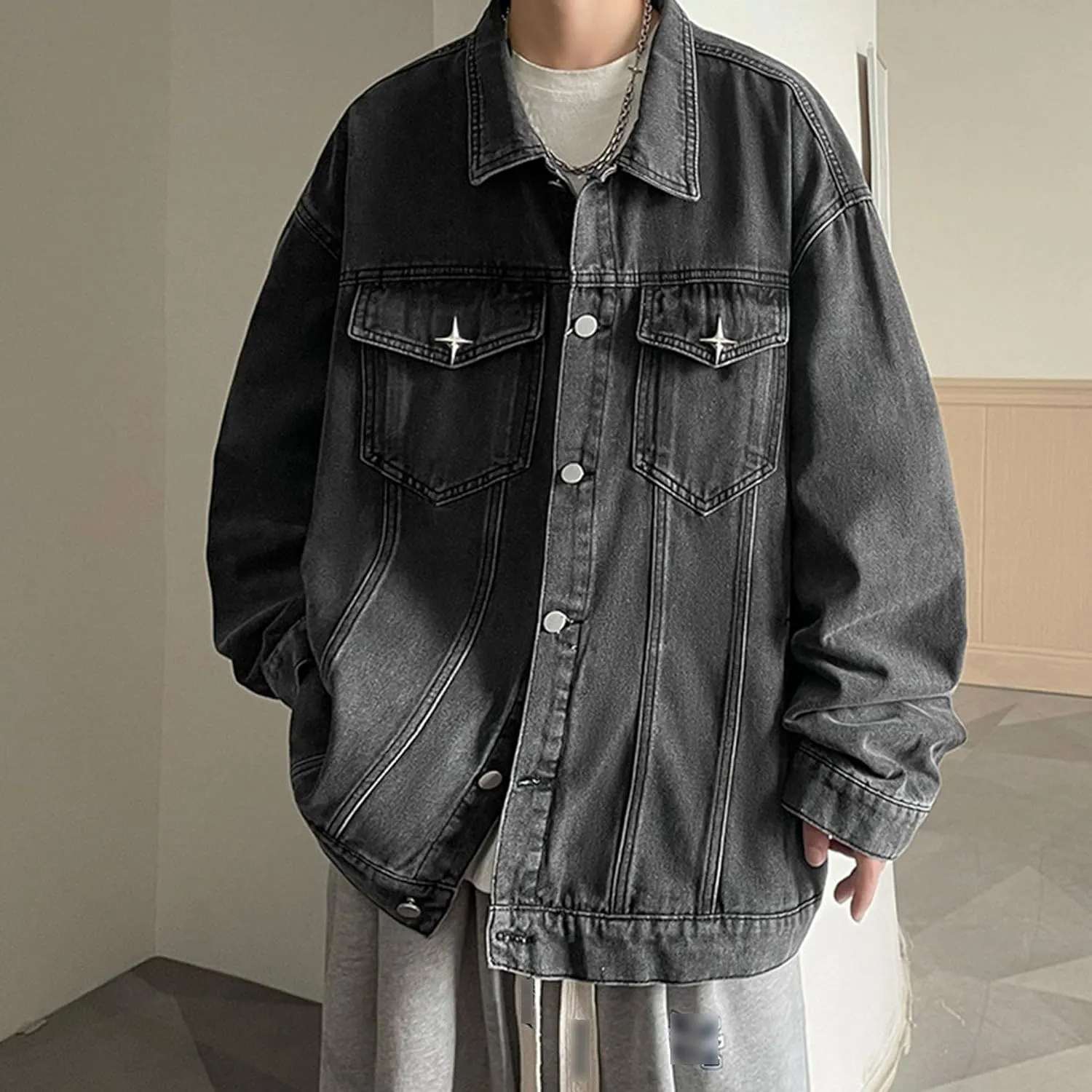 JEKE-DG Men's Relaxed Fit Lapel Fashion Denim Jacket Washed Vintage Casual Jean Jacket Long Sleeve Biker Trucker Jean Coat
