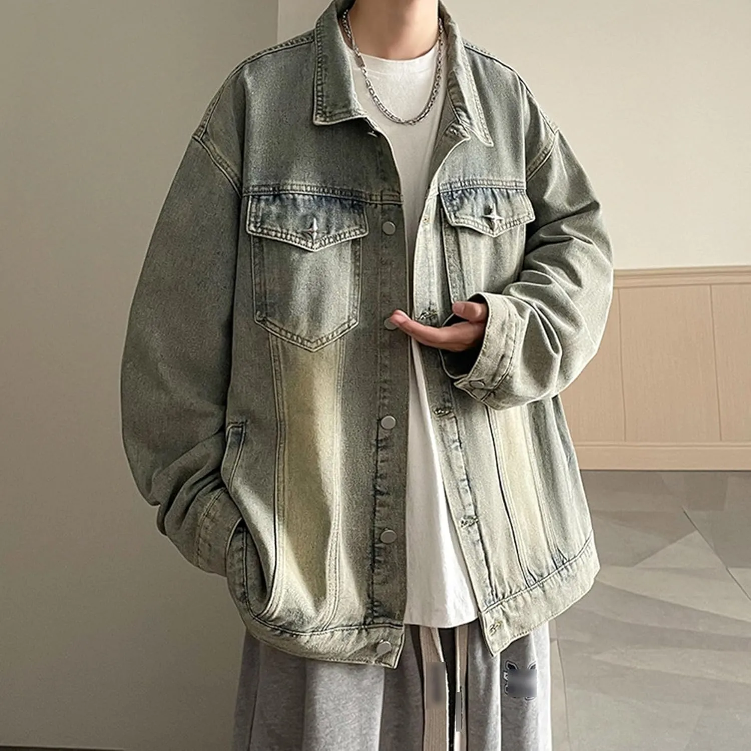 JEKE-DG Men's Relaxed Fit Lapel Fashion Denim Jacket Washed Vintage Casual Jean Jacket Long Sleeve Biker Trucker Jean Coat